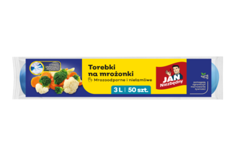 Rolka torebek na mrożonki Jan Niezbędny, 3L/50 szt., niebiesko-żółte opakowanie z warzywami, widok z przodu.