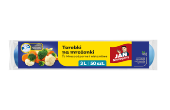 Rolka torebek na mrożonki Jan Niezbędny, 3L/50 szt., niebiesko-żółte opakowanie z warzywami, widok z przodu.
