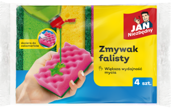 Opakowanie gąbek Jan Niezbędny, falisty zmywak w dłoni, różowa gąbka chłonąca płyn, 4 sztuki, widok z przodu.