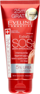 Czerwona tubka kremu Eveline ExtraSoft SOS 5% Urea + Lanolina do bardzo suchej skóry, widok frontalny.