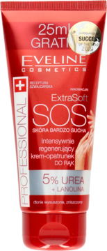 Czerwona tubka kremu Eveline ExtraSoft SOS 5% Urea + Lanolina do bardzo suchej skóry, widok frontalny.