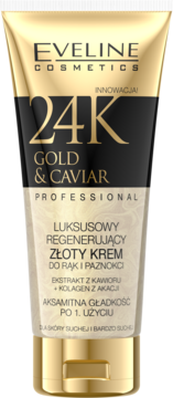 Eveline 24K Gold & Caviar regenerujący krem do rąk i paznokci w złoto-czarnej tubce, widok frontalny.