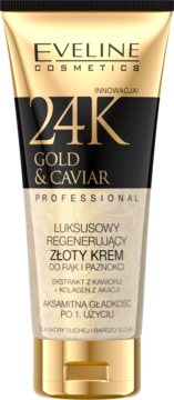 Eveline 24K Gold & Caviar luksusowy regenerujący krem do rąk i paznokci w złoto-czarnej tubce, z przodu.