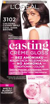 Farba L'Oréal Casting Creme Gloss 3102 Chłodny Ciemny Brąz. Bez amoniaku, koloryzacja pielęgnacyjna, przód.