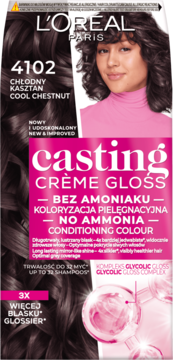 L'Oréal Paris Casting Crème Gloss 4102 Chłodny Kasztan, półtrwała farba bez amoniaku w pudełku z kobietą i próbką włosów.
