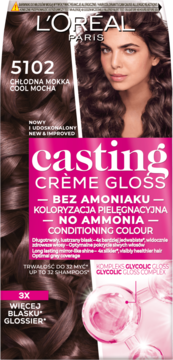 L'Oréal Casting Crème Gloss 5102 Cool Mocha. Koloryzacja pielęgnacyjna bez amoniaku, opakowanie, widok z przodu.