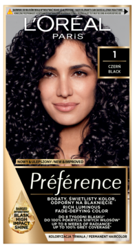 L'Oréal Préférence czarna farba do włosów, widok pudełka z modelką. Blask do 8 tygodni, 100% pokrycia.