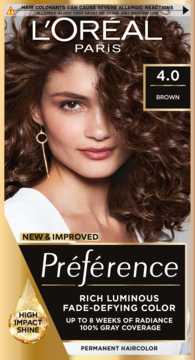 L'Oréal Paris Préférence 4.0 Brown permanent hair color box, front view with model, highlighting rich fade-defying shade.