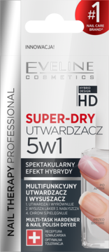 Białe opakowanie Eveline Cosmetics Super-Dry Utwardzacz 5w1 do paznokci, z grafiką dłoni i #1 Nail Care Brand.