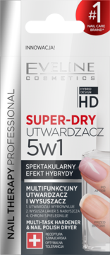 Białe opakowanie Eveline Cosmetics Super-Dry Utwardzacz 5w1 do paznokci, z grafiką dłoni i #1 Nail Care Brand.