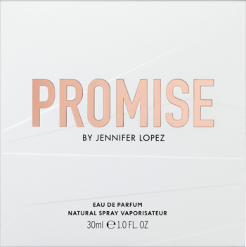 Białe pudełko perfum Promise By Jennifer Lopez Eau de Parfum 30ml, widok frontalny, różowo-złoty napis.