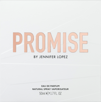 Białe pudełko Jennifer Lopez Promise woda perfumowana 50ml, z metalicznym napisem Promise i logo J.Lo, widok z przodu.