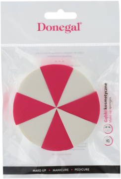 Donegal gąbka kosmetyczna okrągła, w biało-czerwone trójkąty, w przezroczystym opakowaniu, widok z przodu.