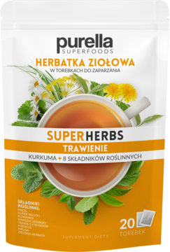 Biała torebka Purella SUPERFOODS Herbatka Ziołowa Trawienie z kurkumą i 8 ziołami, 20 torebek, widok z przodu.