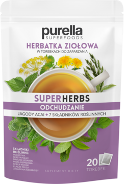 Biała saszetka Purella Superfoods Herbatka Ziołowa Odchudzanie, Acai, 20 torebek, widok z przodu.
