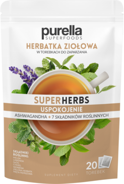 Biała torebka Purella Superfoods Herbatka Ziołowa USPOKOJENIE, z ashwagandhą, 20 saszetek, widok z przodu.