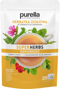 Purella Superfoods Herbatka Ziołowa Odporność z Camu Camu, biało-żółta torebka z rysunkiem filiżanki herbaty.