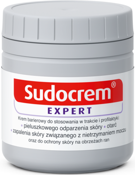 Sudocrem Expert krem barierowy w szarym słoiku z czerwoną etykietą, widok z przodu. Na pieluszkowe odparzenia.