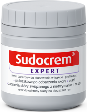 Sudocrem Expert krem barierowy w szarym słoiku z czerwoną etykietą, widok z przodu. Na pieluszkowe odparzenia.