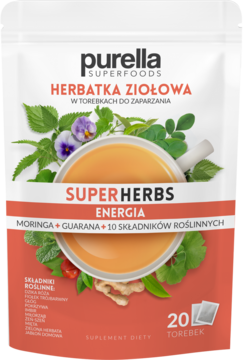 Purella Superfoods SUPERHERBS ENERGIA, biała torebka herbaty ziołowej z moringą i guaraną, widok z przodu.