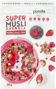 Purella Super Musli Energia, 200g, z morwą, macą i chia. Widok przezroczystego opakowania z miską musli.