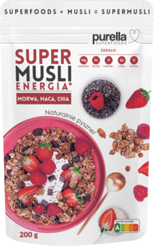 Biała torebka Purella Super Musli Energia z morwą, macą i chia. Front, miska pełna płatków z owocami.