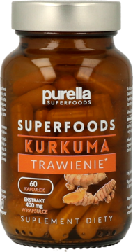 Brunatna butelka Purella Superfoods Kurkuma, widok z przodu, pomarańczowa etykieta z napisem Trawienie i korzeniem kurkumy.