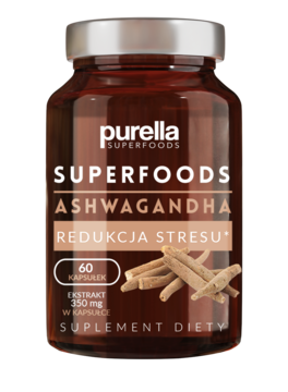 PURELLA SUPERFOODS ,kapsułki, Ashwagandha, Redukcja Stresu, suplement diety,przód