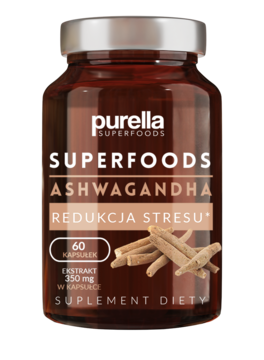 Purella Ashwagandha Superfoods, suplement na redukcję stresu, brązowy słoik 60 kapsułek, widok z przodu.