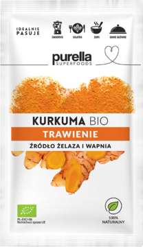 Biała saszetka Purella Superfoods Kurkuma Bio Trawienie, z grafiką proszku i korzenia kurkumy, 100% naturalna.