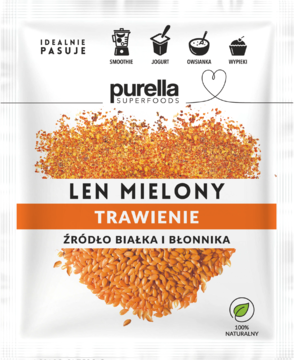 Purella Superfoods Len mielony TRAWIENIE, biała saszetka z pomarańczowym paskiem i rozsypanymi nasionami lnu.