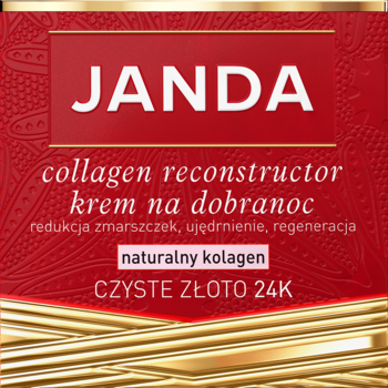 JANDA collagen reconstructor krem na dobranoc w czerwono-złotym opakowaniu, z napisem CZYSTE ZŁOTO 24K.