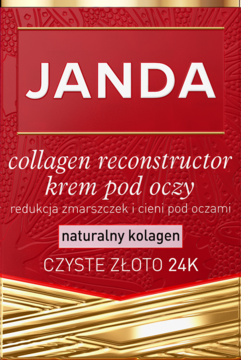 Janda Collagen Reconstructor krem pod oczy, czerwone pudełko z naturalnym kolagenem 24k, widok z przodu.
