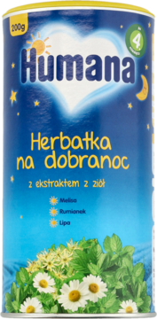 Humana Herbatka na dobranoc, niebieska puszka z ziołami (melisa, rumianek, lipa) dla niemowląt po 4. miesiącu.