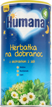 Humana Herbatka na dobranoc, niebieska puszka z ziołami (melisa, rumianek, lipa) dla niemowląt po 4. miesiącu.