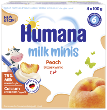 Humana Milk Minis brzoskwiniowy deserek jogurtowy w białym kartoniku z krową, brzoskwiniami i napisem NEW RECIPE.