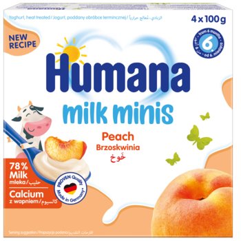 Opakowanie Humana Milk Minis Peach 4x100g, brzoskwiniowy deserek jogurtowy dla dzieci od 6 miesiąca, widok z przodu.
