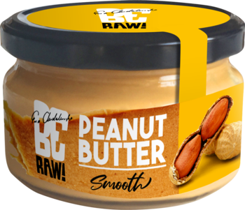 BeRaw krem orzechowy smooth w szklanym słoiku, czarna nakrętka, żółta etykieta z napisem i orzechami.