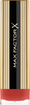 Pionowy widok szminki Max Factor Colour Elixir w złoto-czarnym opakowaniu, z odcieniem koralowego różu na dole.