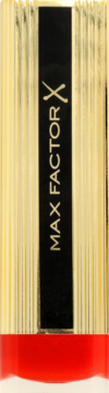 Zbliżenie na szminkę Max Factor Colour Elixir Cherry Kiss: złota tubka z czarnym pasem i napisem, czerwony dół.