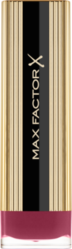 Pionowy widok pomadki Max Factor Colour Elixir Firefly w złoto-czarnym opakowaniu, widoczny ciemnoróżowy sztyft.