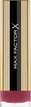 Pomadka Max Factor Colour Elixir Rosewood, złota obudowa z czarnym pasem i logo, widok z przodu.