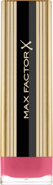 Pomadka Max Factor Colour Elixir English Rose, złota oprawa z czarnym napisem, widoczny różowy sztyft, ujęcie pionowe.