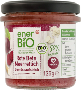 enerBio pasta z czerwonych buraków i chrzanu w szklanym słoiku, z etykietą BIO i Vegan, widok z przodu.