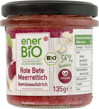 enerBio pasta z czerwonych buraków i chrzanu w szklanym słoiku, z etykietą BIO i Vegan, widok z przodu.
