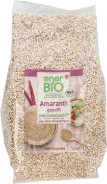 EnerBiO amarantus ekspandowany 125g, w przezroczystym worku, etykieta "bez cukru", widok z przodu.