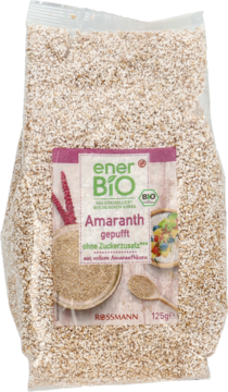 EnerBiO amarantus ekspandowany 125g, w przezroczystym worku, etykieta "bez cukru", widok z przodu.