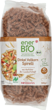 enerBiO Dinkel Vollkorn Spirelli, brązowe świderki orkiszowe 500g w przezroczystej torbie, widok z przodu.