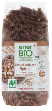 EnerBiO ROSSMANN makaron świderki orkiszowe pełnoziarniste Spirelli, brązowy, BIO Vegan, 500g, widok z przodu.