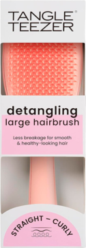 Front view Tangle Teezer detangling large hairbrush in white-pink packaging, for straight and curly hair.
